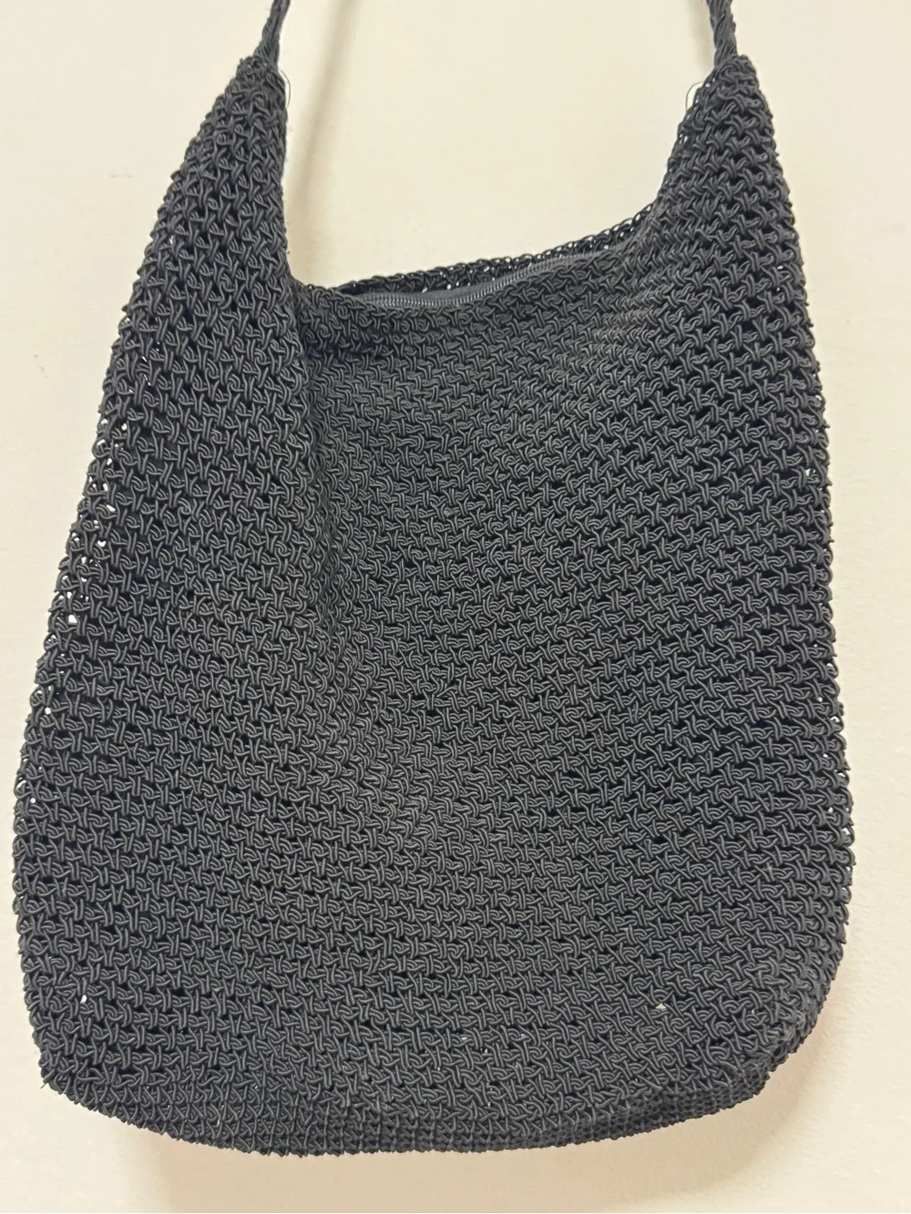 Black Crochet Knit Shoulder Bag Boho Beach Hobo Slouchy Tote Zip Closure 10x12x4
